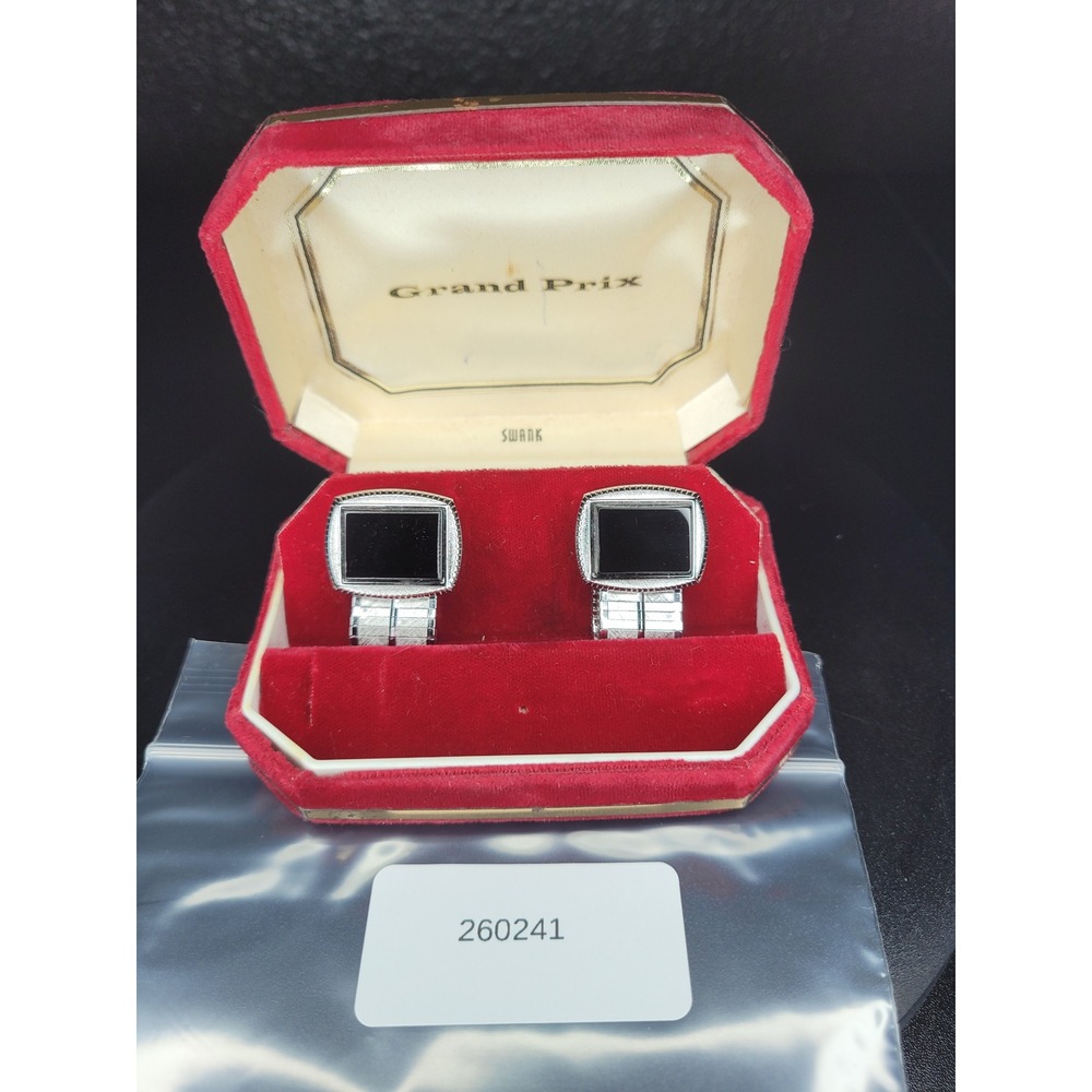 Vintage Swank Grand Prix Cufflinks Silver Tone Black Rectangle Textured Metal